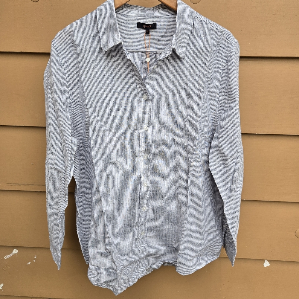 Quince European Linen Long Sleeve Shirt Button Front Women's XL Blue Pinstripe